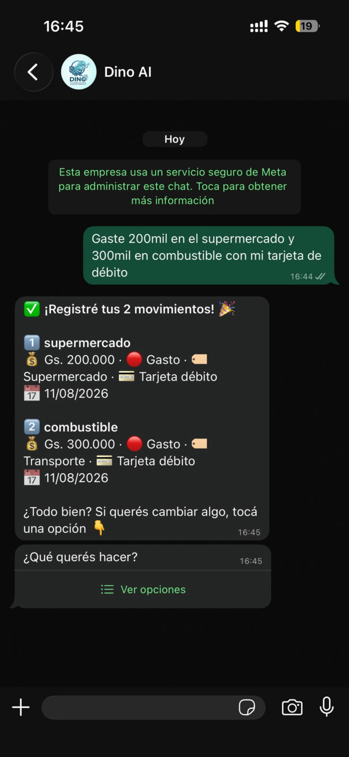 Varios gastos en un solo mensaje.